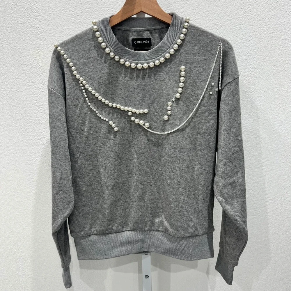 Carbon38 Pearl Sweatshirt Women's‎ XS Embellished Beaded Gray Statement Piece